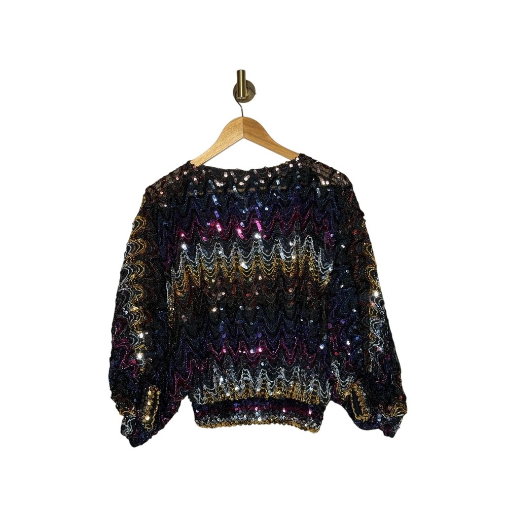 Vintage Multicolor Sequin Beaded Balloon Sleeve Disco Top Large